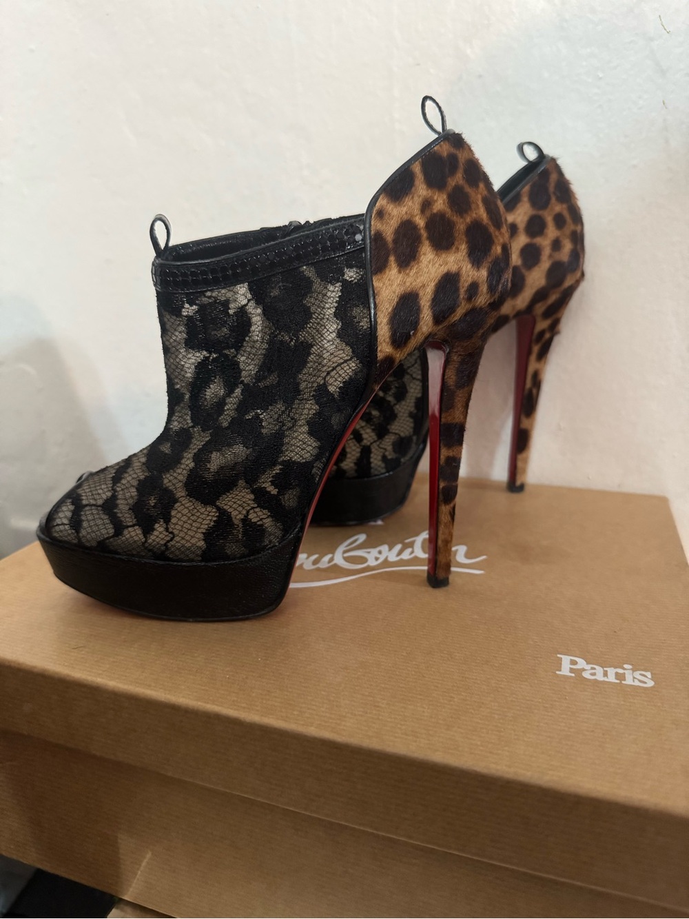 Christian Louboutin Leopard & Black Lace Platform Ankle Boots